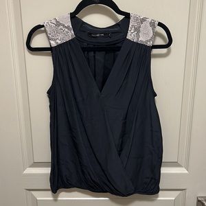 Alice & Trixie Black 100% Silk Wrap Blouse with Leather Shoulders